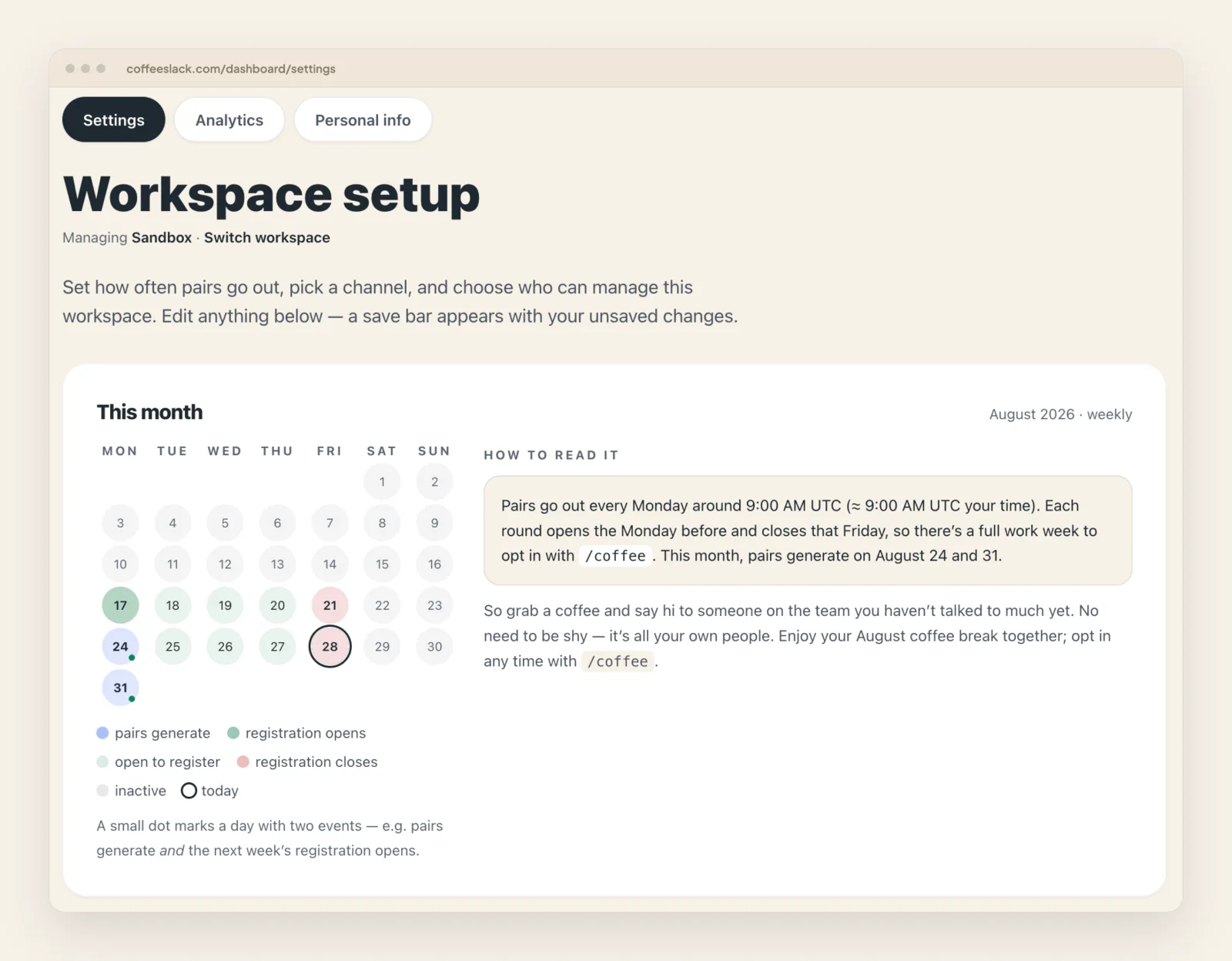 A month calendar in the CoffeeSlack dashboard with colour-coded days for when registration opens, when it closes and when pairs generate, plus a legend and a written explanation of the schedule.